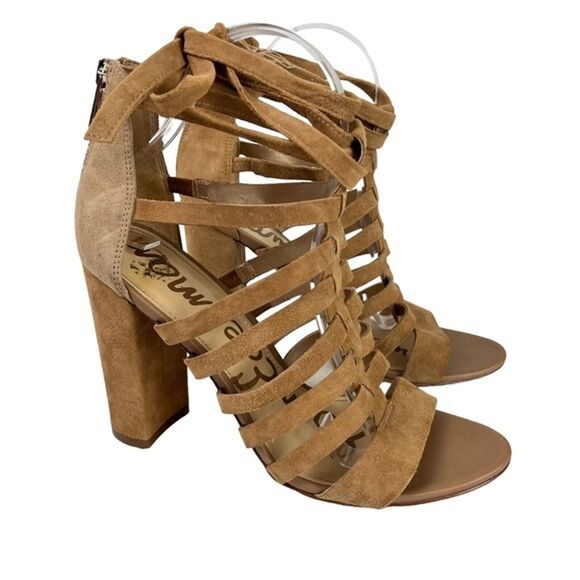 SAM EDELMAN YARINA Tan Brown Block Chunky High Heels Cage Sandals Shoes sz 8 - Picture 1 of 12